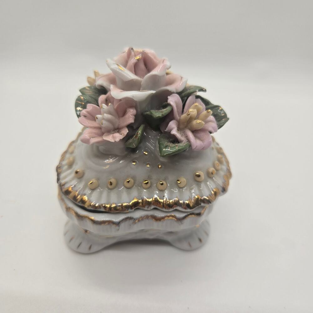Vintage Porcelain Floral Ring Box Heart Trinket Box White Pink Roses Gold Trim